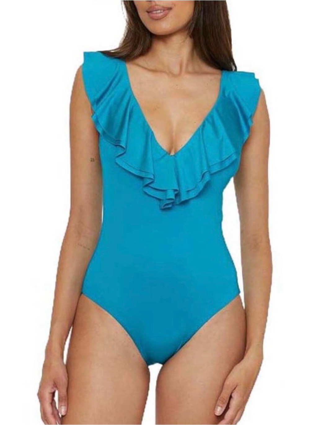 Trina Turk Swim & Spa Collection Turquoise Ruffle V-Neck One-Piece Swimsuit.